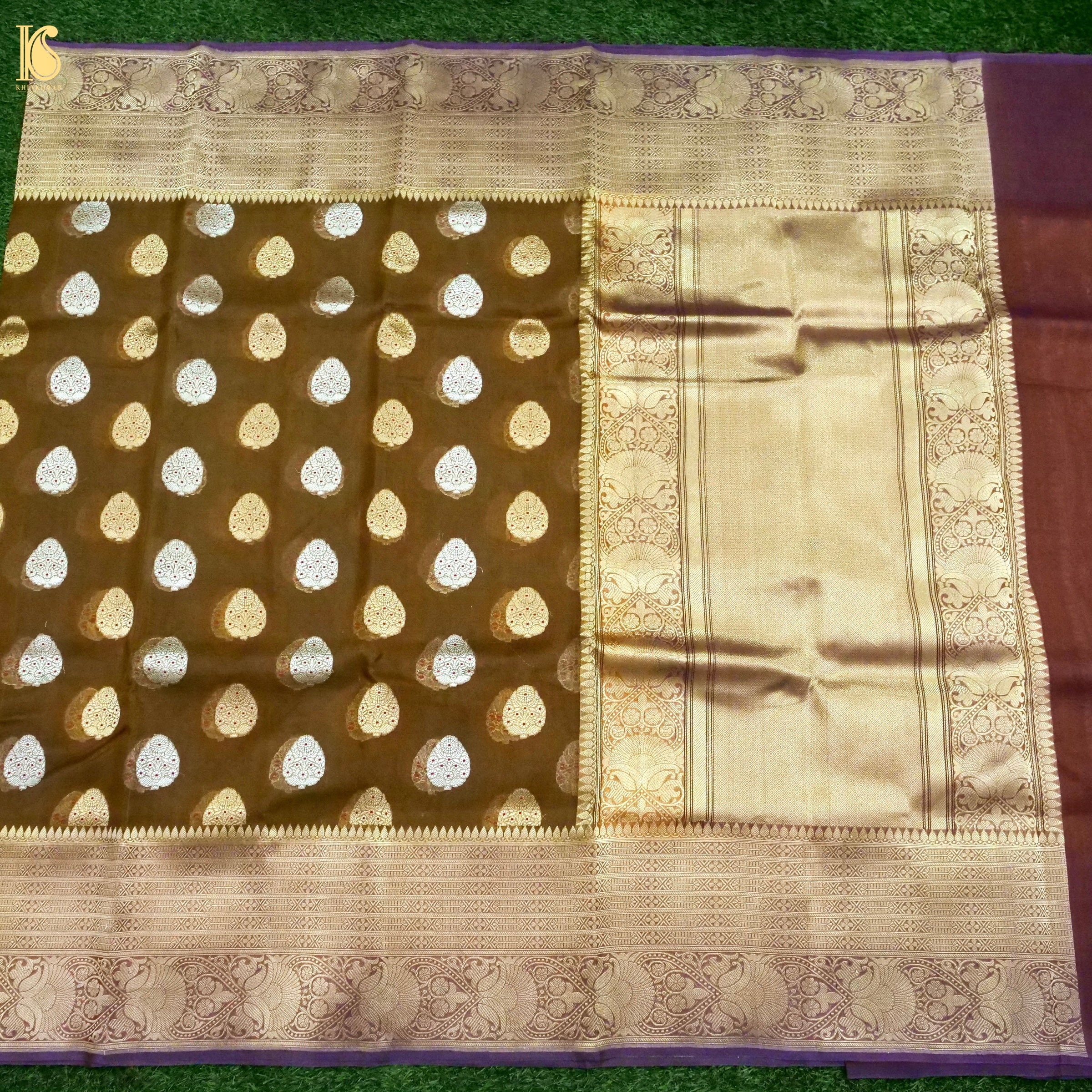 Banarasi Kora Silk Kadwa Kadiyal Handwoven Saree in Coffee Brown