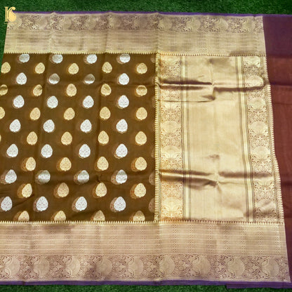 Banarasi Kora Silk Kadwa Kadiyal Handwoven Saree in Coffee Brown