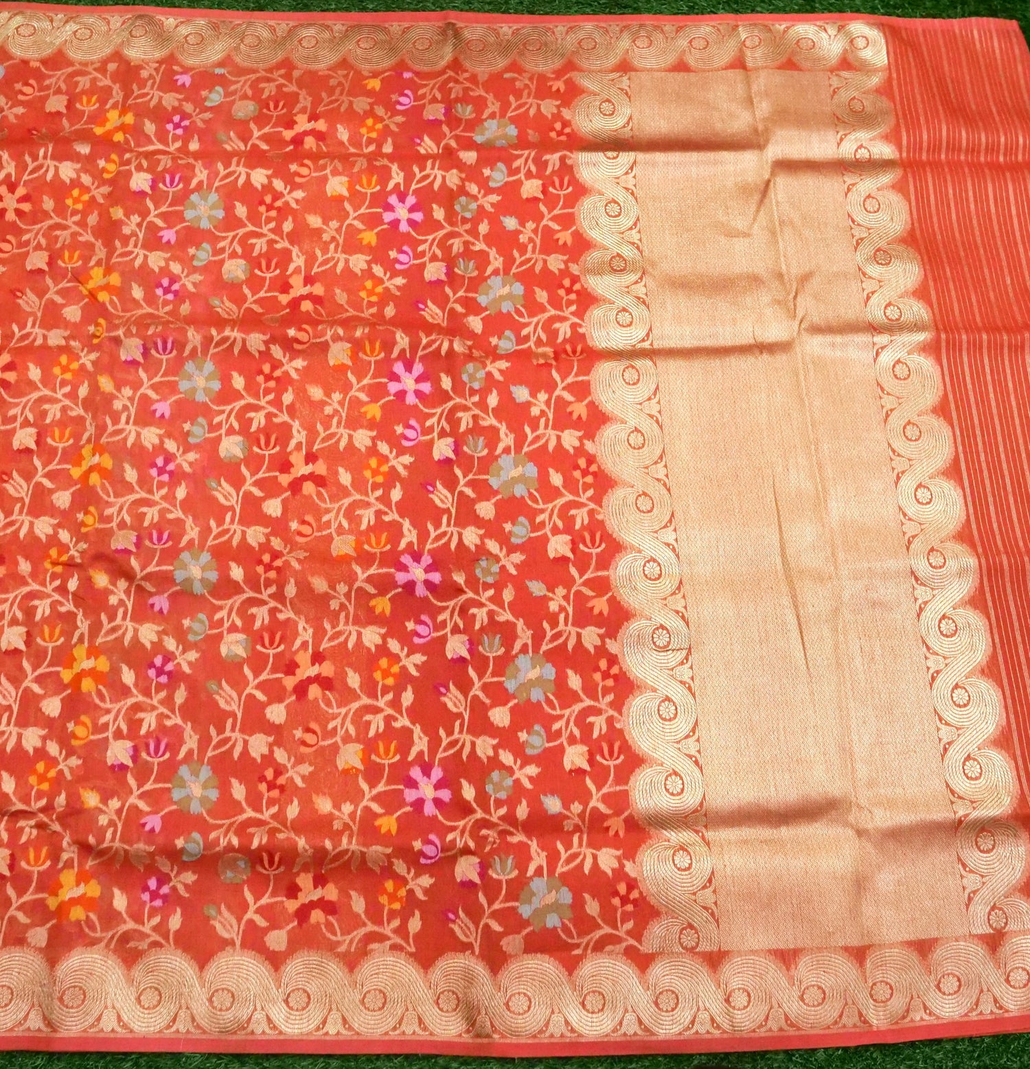 Banarasi Kora Silk Ektara Kadwa Meenakari Handwoven Saree in Rust Orange