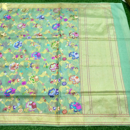 Banarasi Kora Cotton Ektara Kadwa Jaal Handwoven Saree in Sage Green