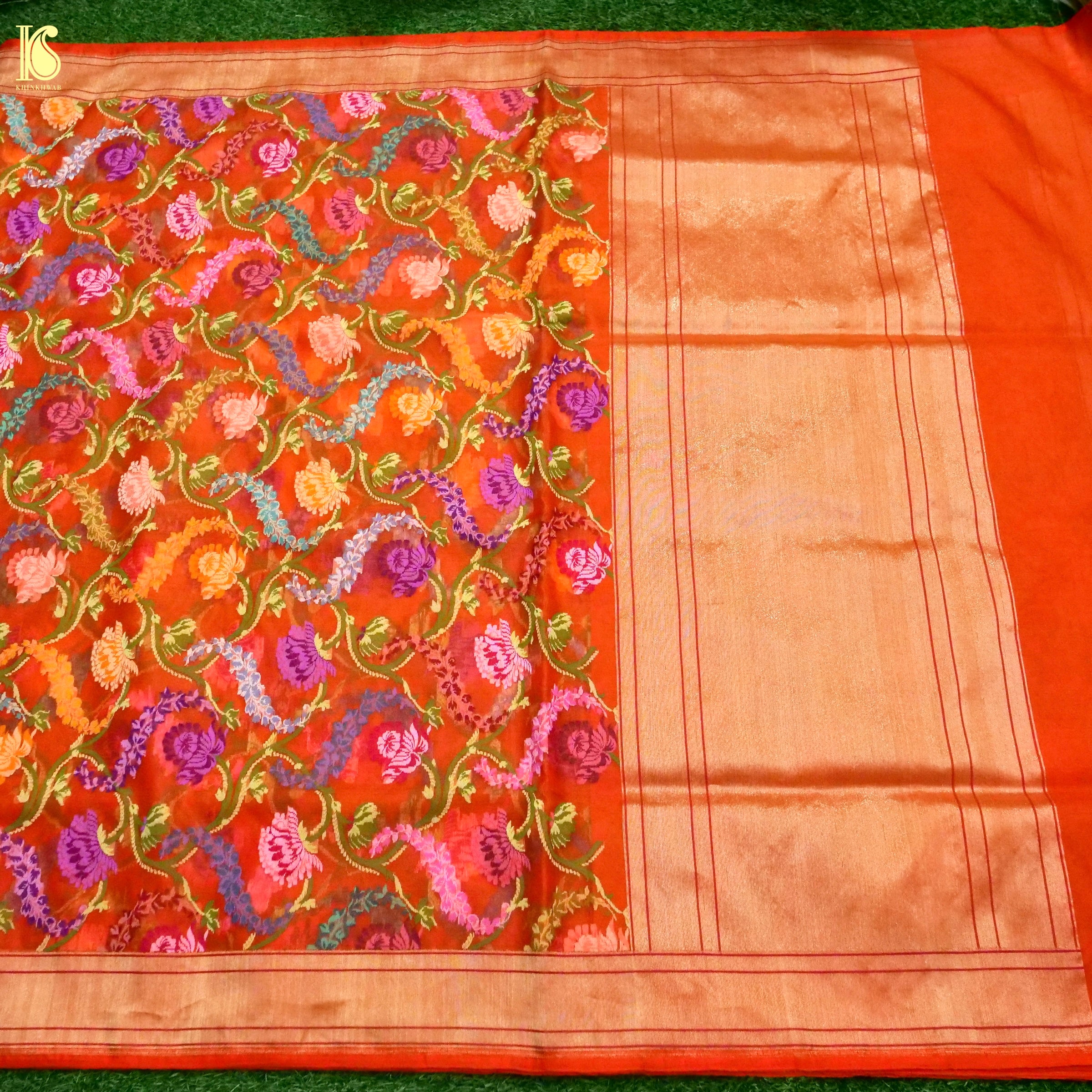 Banarasi Kora Cotton Ektara Kadwa Jaal Handwoven Saree in Rust Orange
