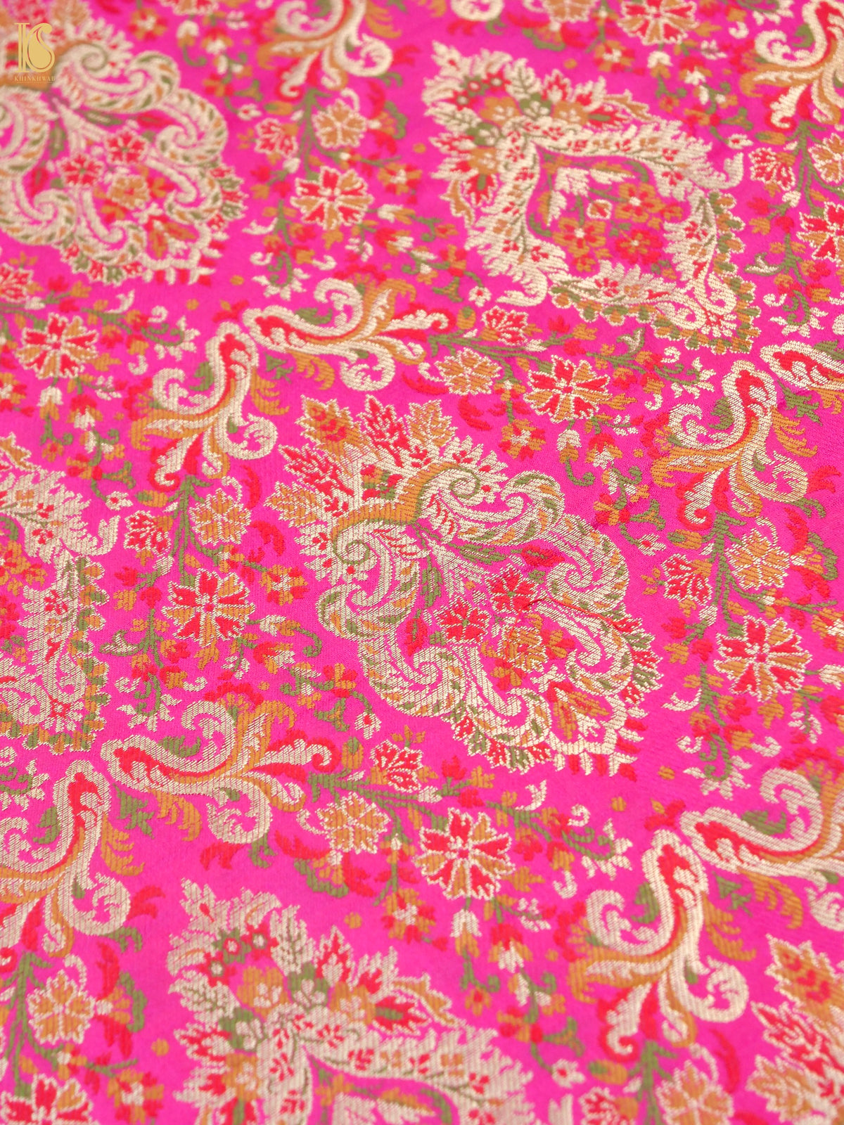 Khinkhwab Katan silk Banarasi Kinkhab brocade fabric in magenta with multicolour Meenakari zari motifs