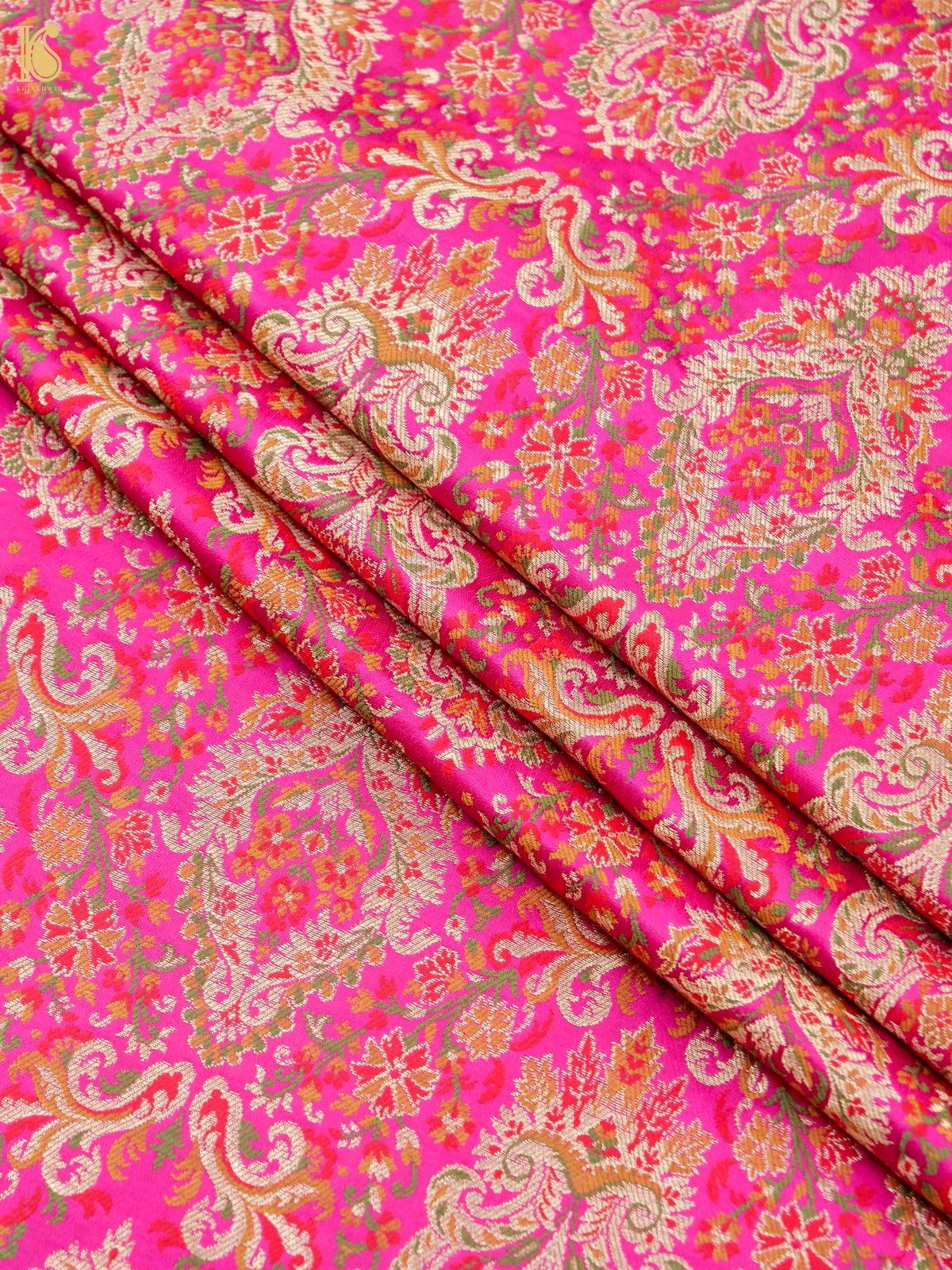 Khinkhwab Banarasi pure Kinkhab Katan silk brocade fabric in magenta with multicolour Meenakari designs