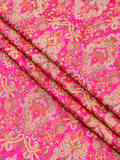 Khinkhwab Banarasi pure Kinkhab Katan silk brocade fabric in magenta with multicolour Meenakari designs