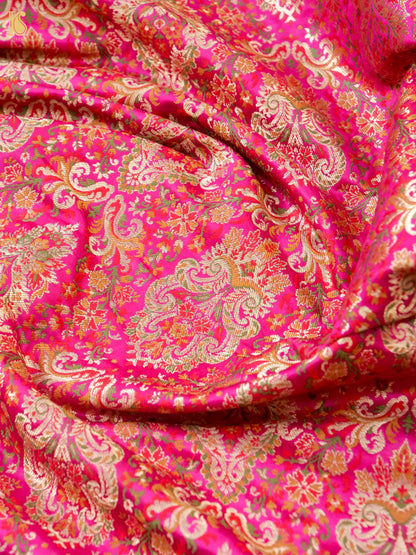 Khinkhwab Katan silk Banarasi Kinkhab brocade fabric in magenta with multicolour Meenakari detailing