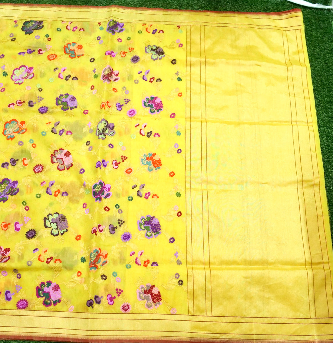 Banarasi Kora Cotton Kadwa Jangla Meenakari Handwoven Saree in Lemon Yellow