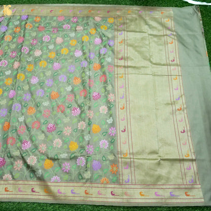Banarasi Katan Silk Ektara Real Zari Handwoven Saree in Silver Grey