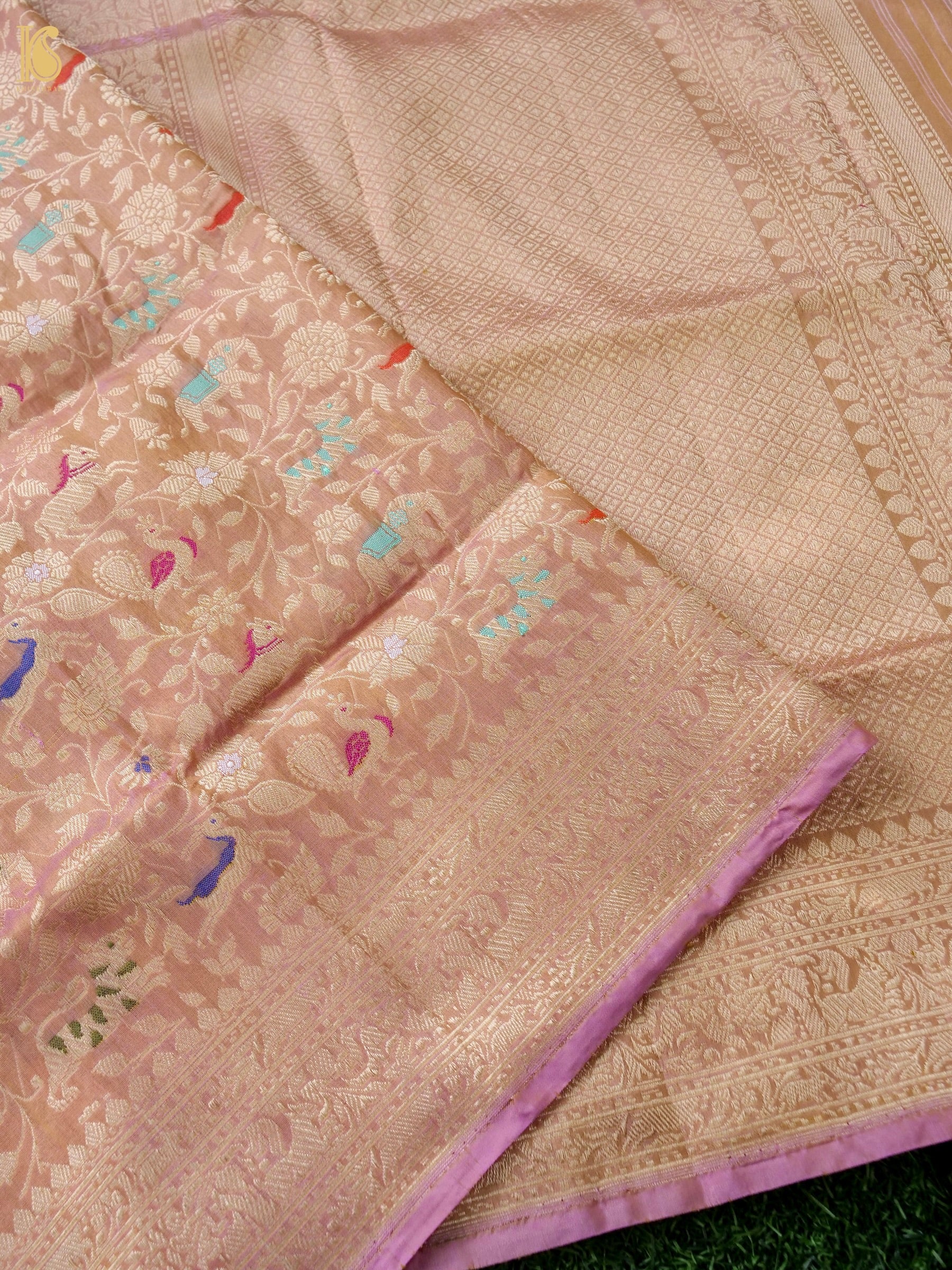 Handwoven Banarasi Katan Silk Shikargah Dupatta in Peach Gold