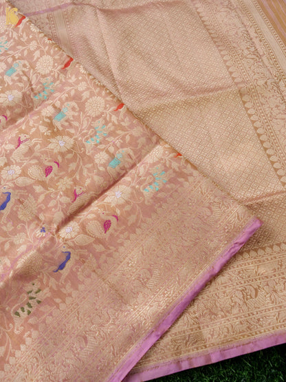 Handwoven Banarasi Katan Silk Shikargah Dupatta in Peach Gold