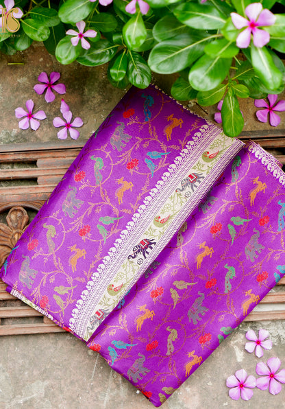 Handwoven Banarasi Katan Silk Kadwa Shikargah Saree