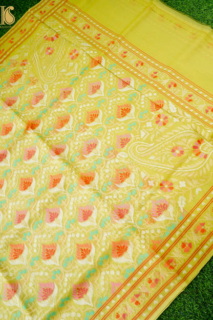 Handloom Banarasi Real Silver Zari Kora by Cotton Saree