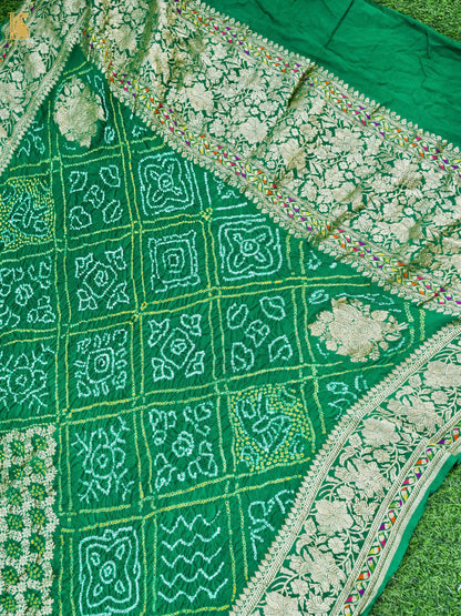 Georgette Banarasi Bandhani Diamond Jaal Dupatta in Bottle Green