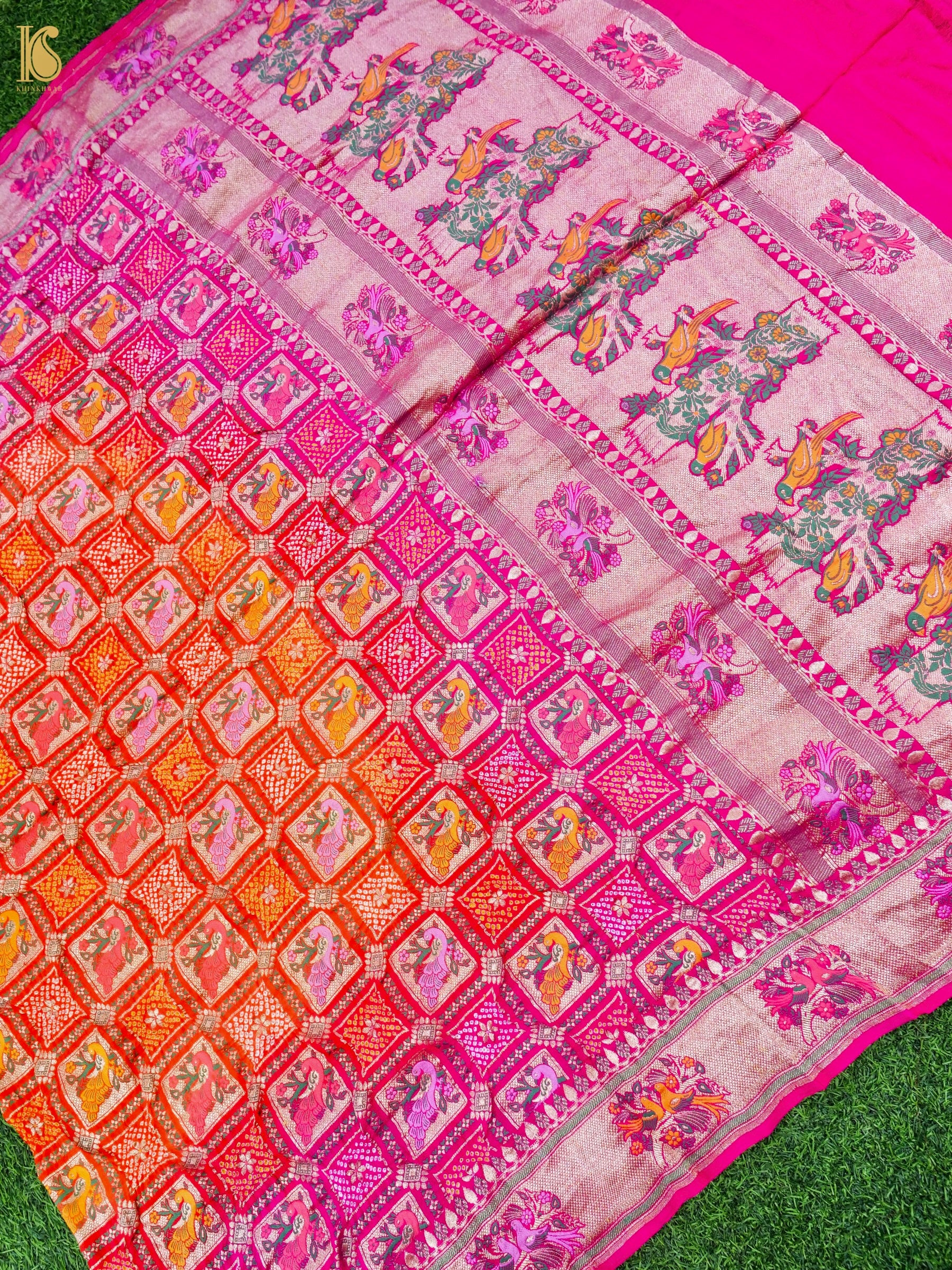 Georgette Banarasi Bandhani Bird Dupatta in Orange Magenta