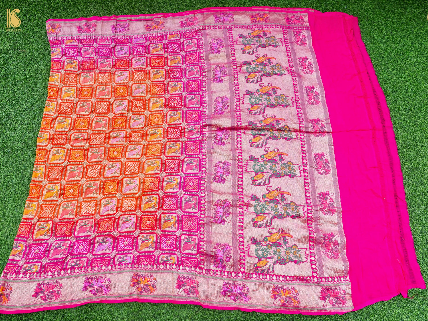 Georgette Banarasi Bandhani Bird Dupatta in Orange Magenta