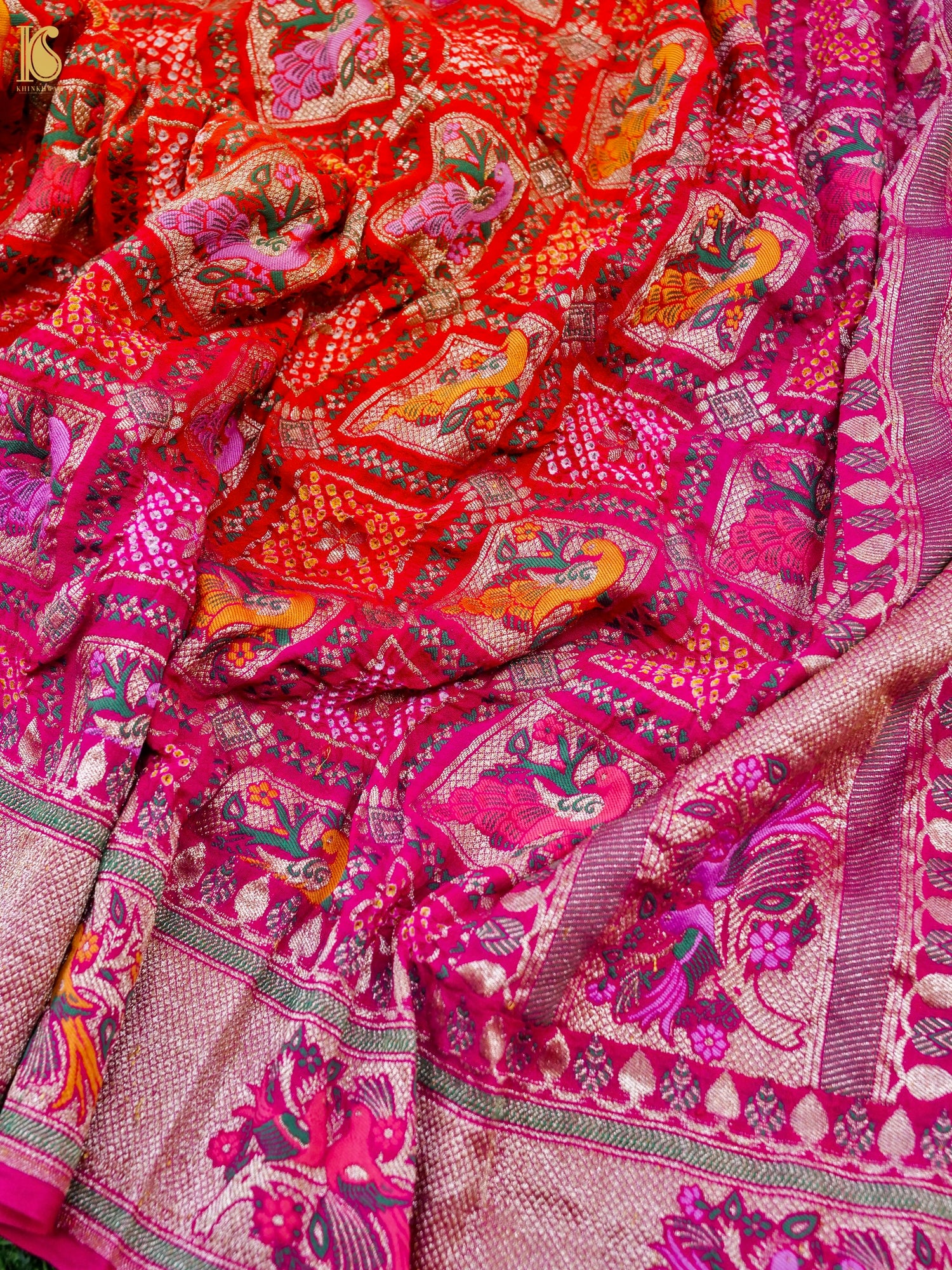 Georgette Banarasi Bandhani Bird Dupatta in Orange Magenta
