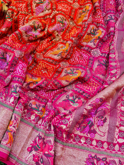 Georgette Banarasi Bandhani Bird Dupatta in Orange Magenta