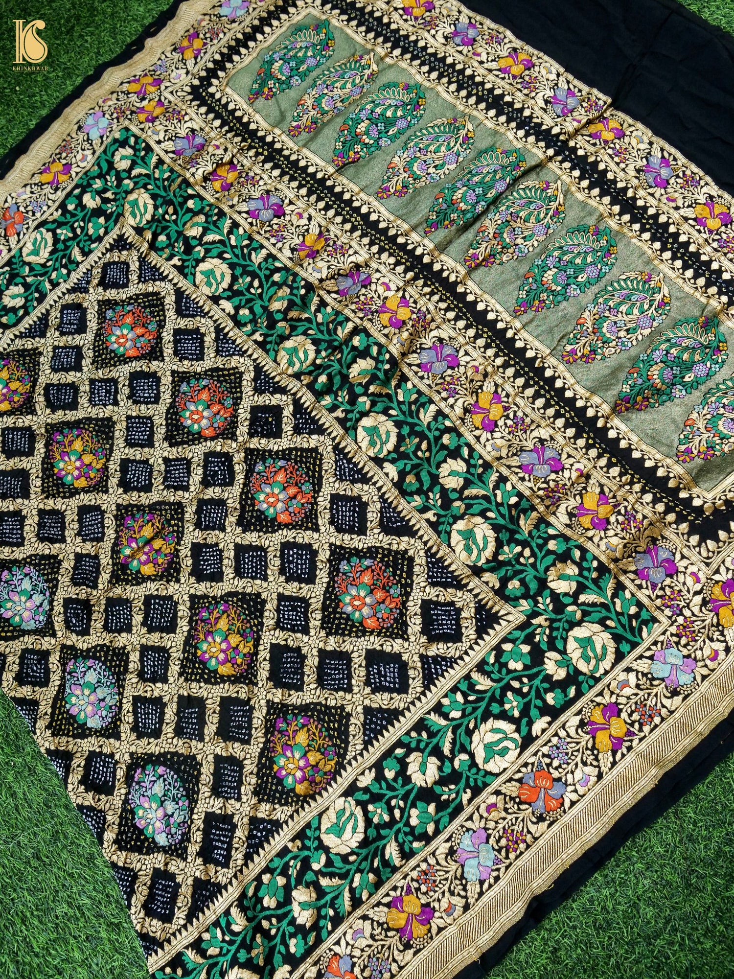 Georgette Banarasi Bandhani Floral Jaal Dupatta in Black