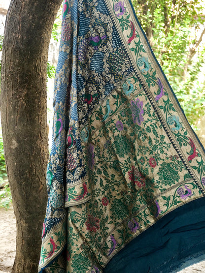 Georgette Banarasi Bandhani Meenakari Peacock Dupatta in Teal Blue