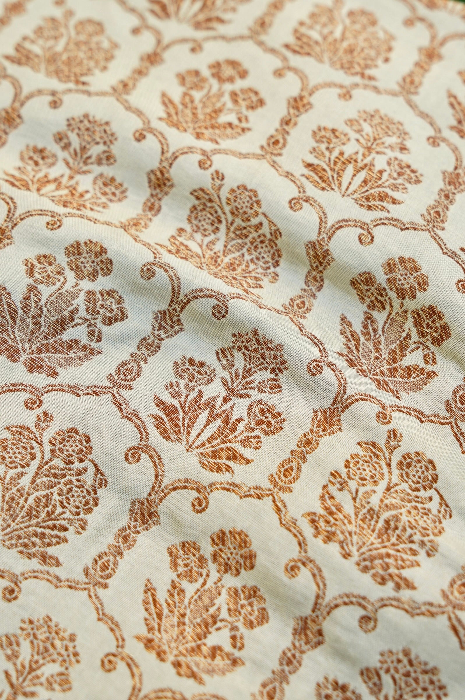 Pure Brocade Banarasi Fabric in Beige Floral Jaal - Khinkhwab