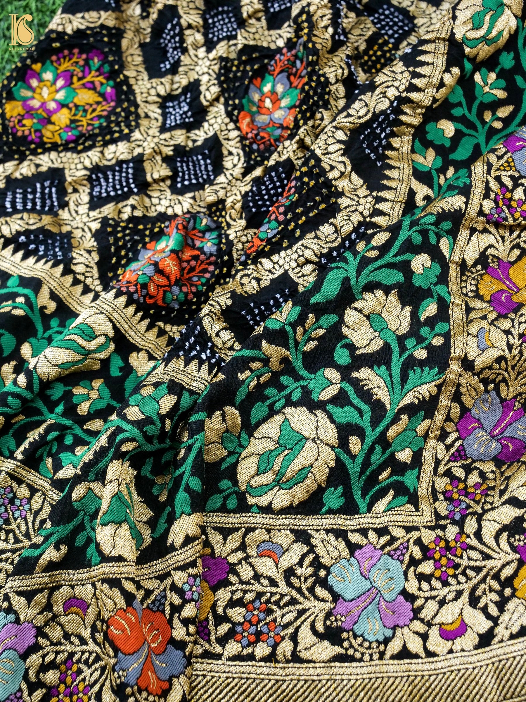Georgette Banarasi Bandhani Floral Jaal Dupatta in Black