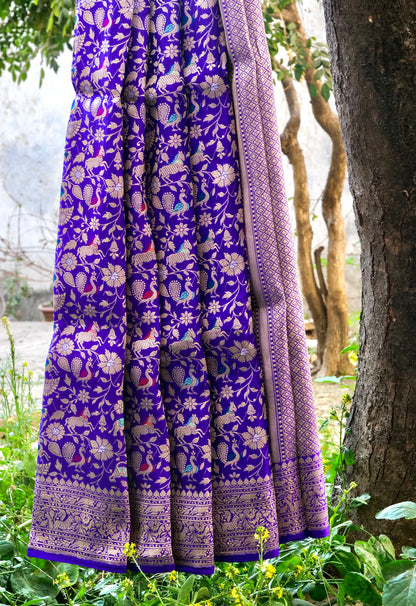 Handloom Banarasi Katan Shikargah Saree - Khinkhwab