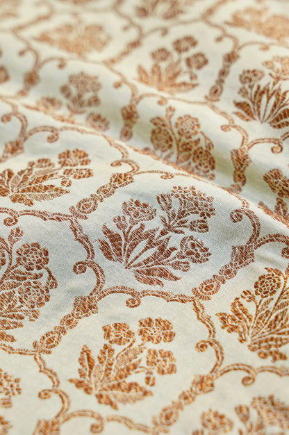 Pure Brocade Banarasi Fabric in Beige Floral Jaal - Khinkhwab
