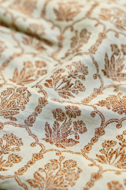 Pure Brocade Banarasi Fabric in Beige Floral Jaal - Khinkhwab