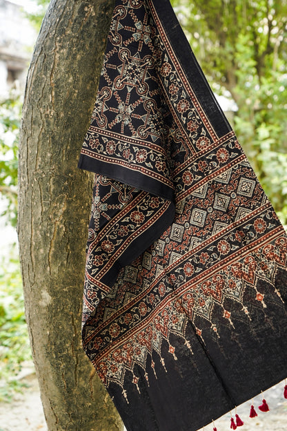 Hand Block Pure Cotton Ajrakh Stole in Black and Rust Red