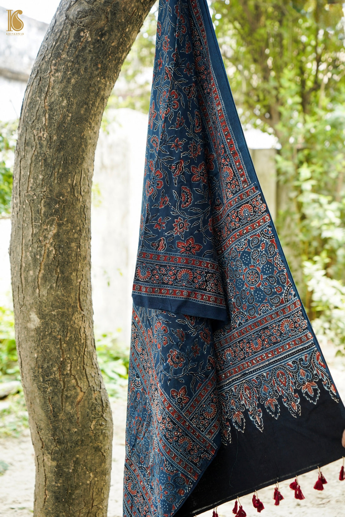Hand Block Printed Pure Cotton Ajrakh Stole with Zari in Indigo Blue and Maroon