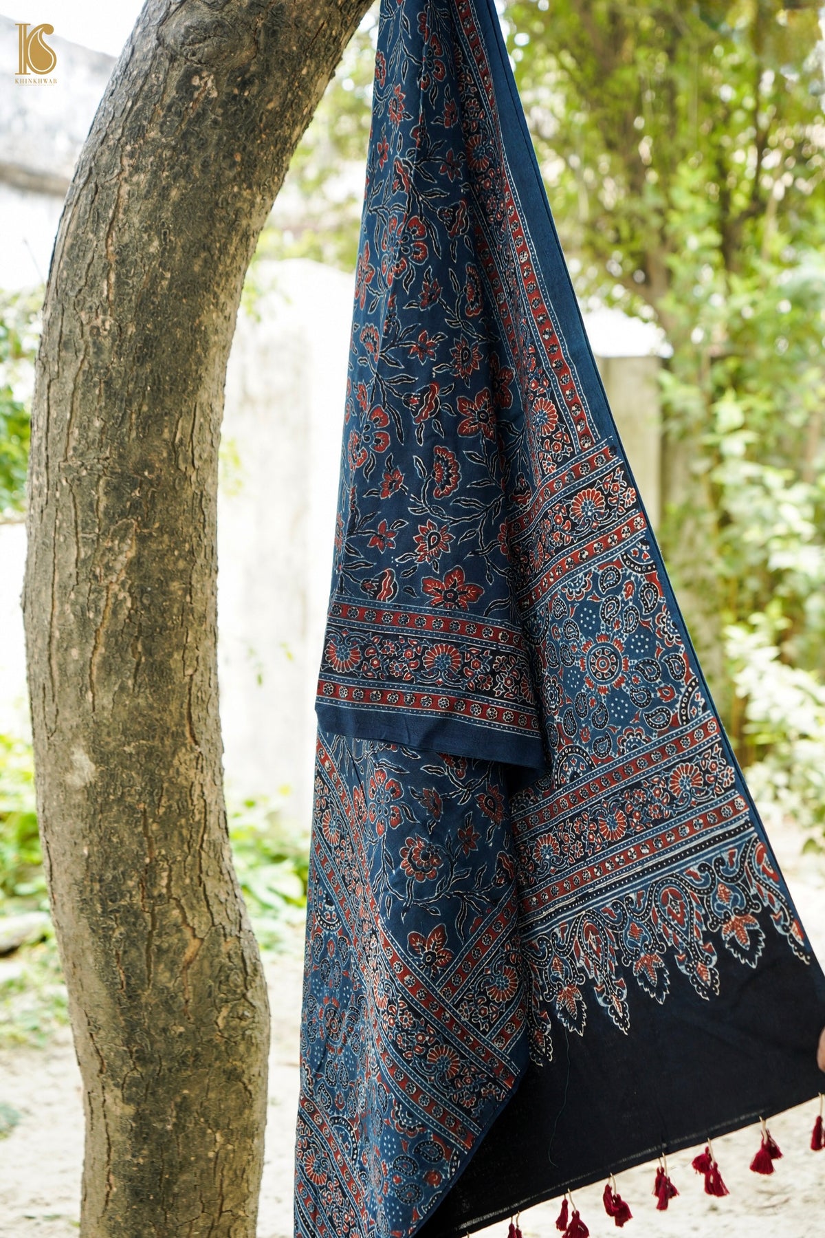 Hand Block Printed Pure Cotton Ajrakh Stole with Zari in Indigo Blue and Maroon