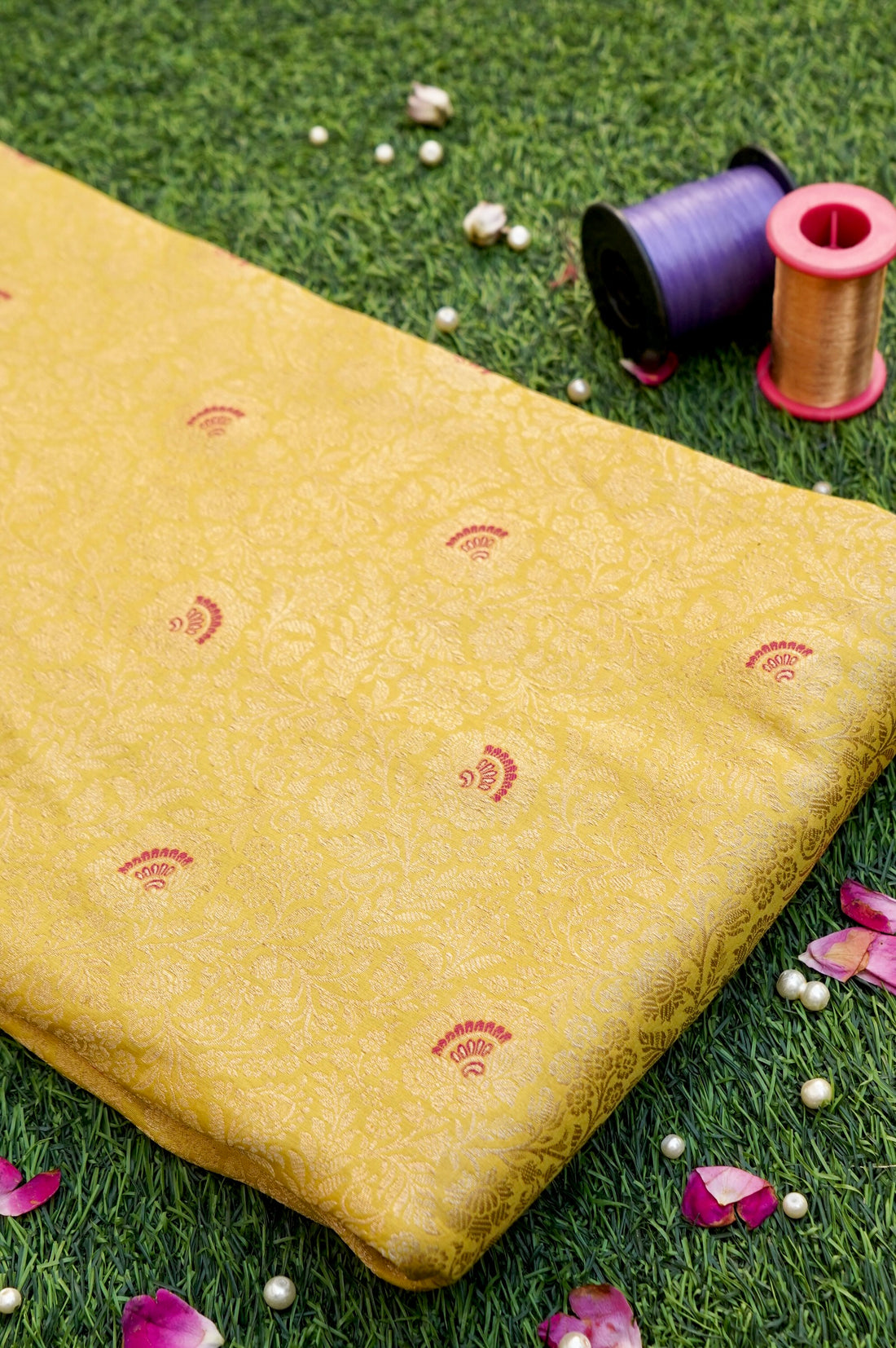 Pure Brocade Banarasi Fan Booti Fabric in Yellow - Khinkhwab