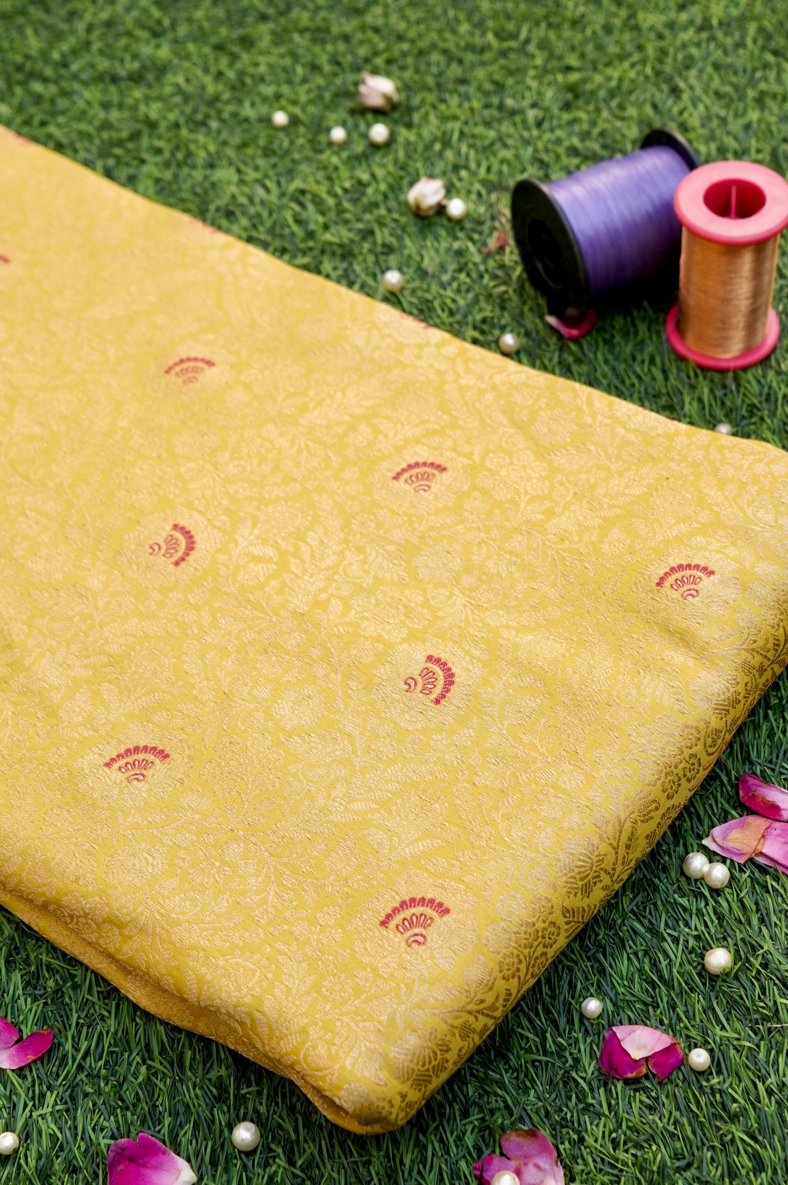 Pure Brocade Banarasi Fan Booti Fabric in Yellow - Khinkhwab
