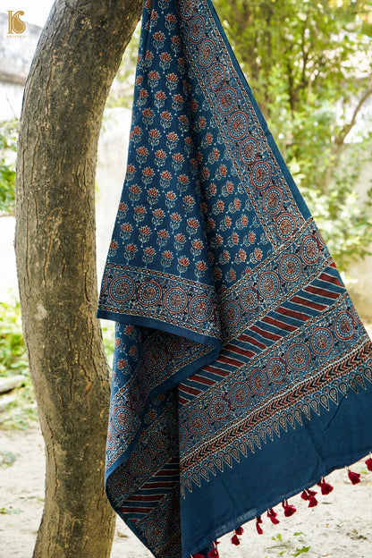 Hand Block Ajrakh Pure Cotton Stole with Zari in Indigo Blue and Maroon