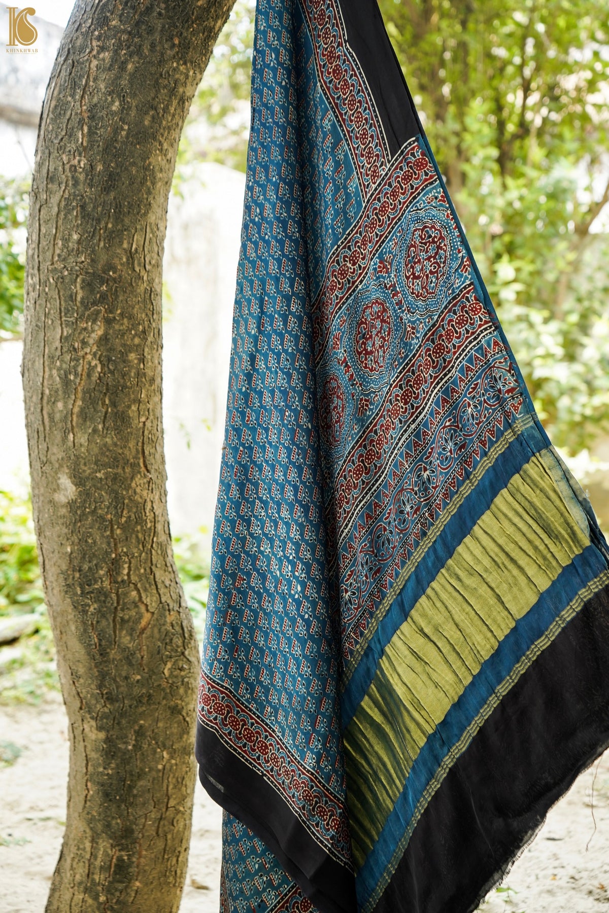 Hand Block Ajrakh Modal Silk Dupatta with Zari in Indigo Blue and Maroon