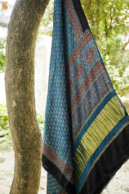 Hand Block Ajrakh Modal Silk Dupatta with Zari in Indigo Blue and Maroon