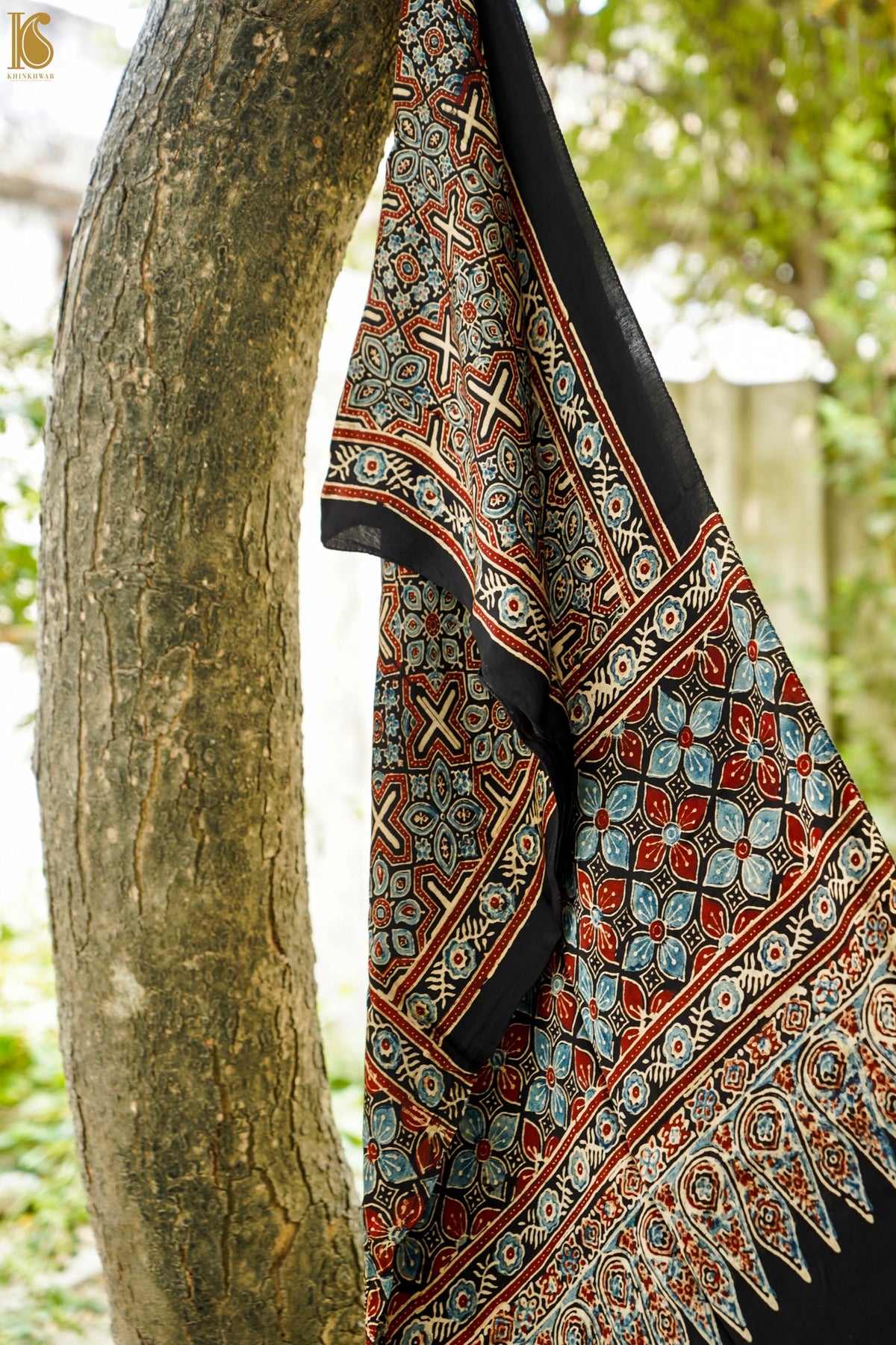 Hand Block Ajrakh Modal Silk Stole in Black