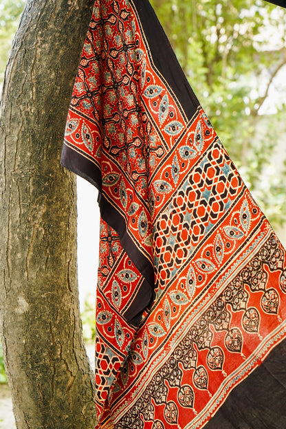 Hand Block Ajrakh Modal Silk Stole in Rust Red
