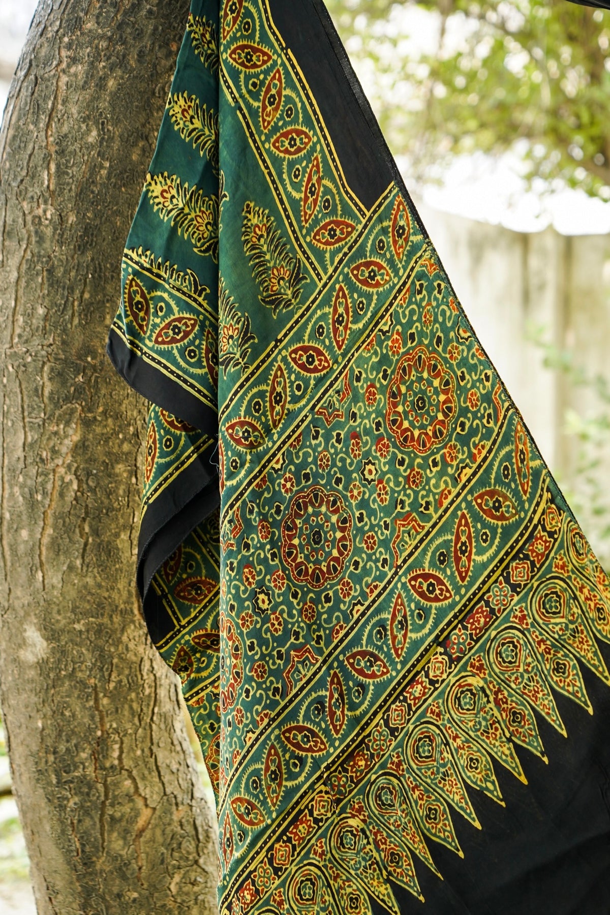 Hand Block Ajrakh Modal Silk Stole in Teal Green