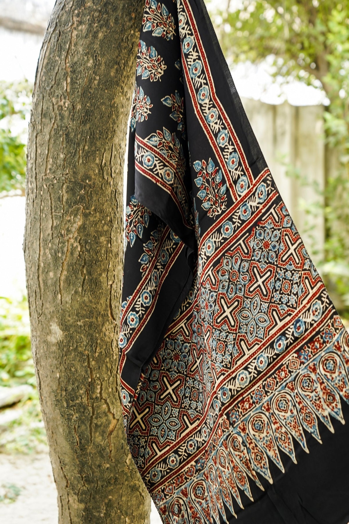 Hand Block Ajrakh Modal Silk Stole in Black