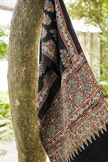 Hand Block Ajrakh Modal Silk Stole in Black