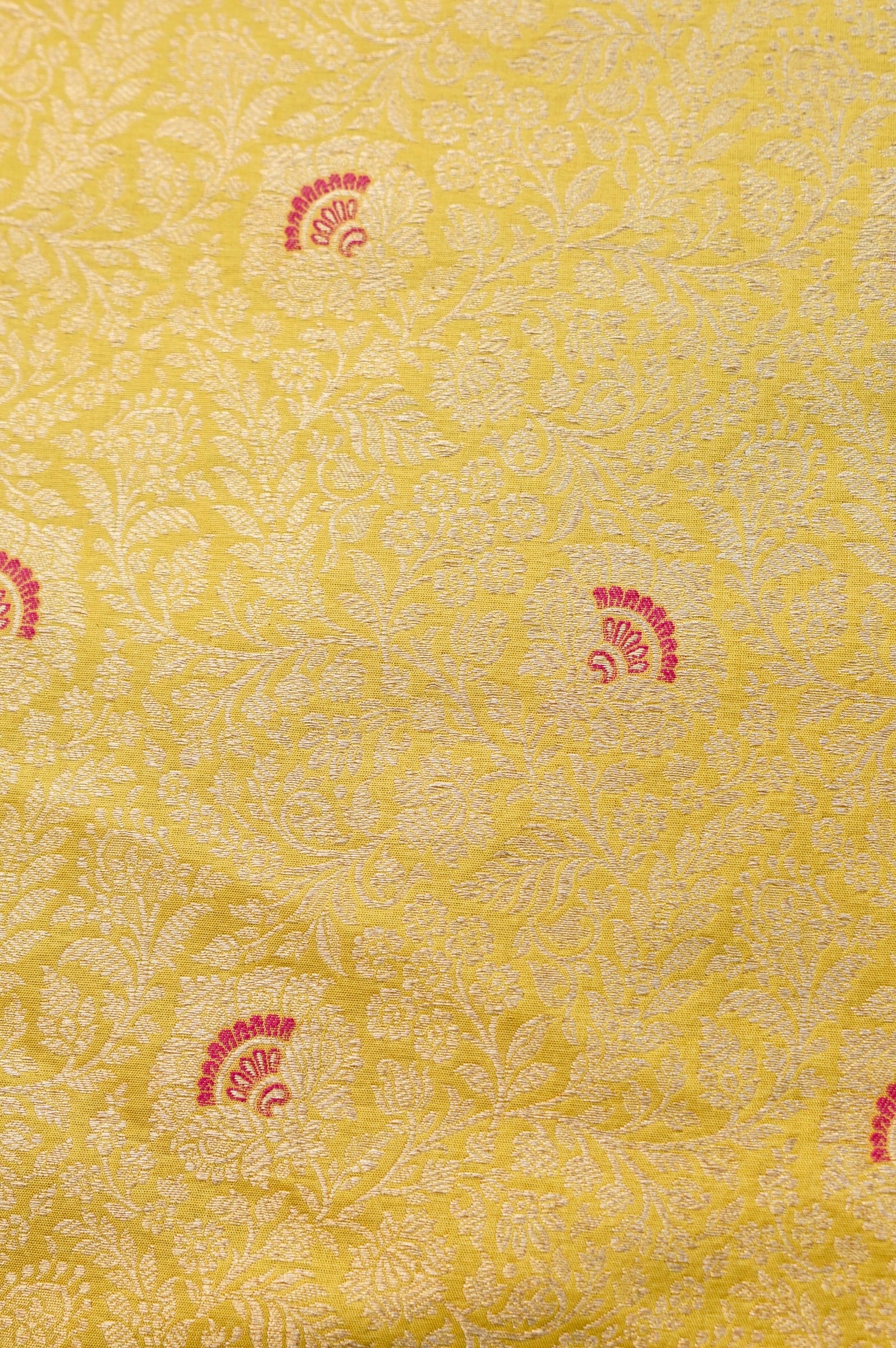 Pure Brocade Banarasi Fan Booti Fabric in Yellow - Khinkhwab