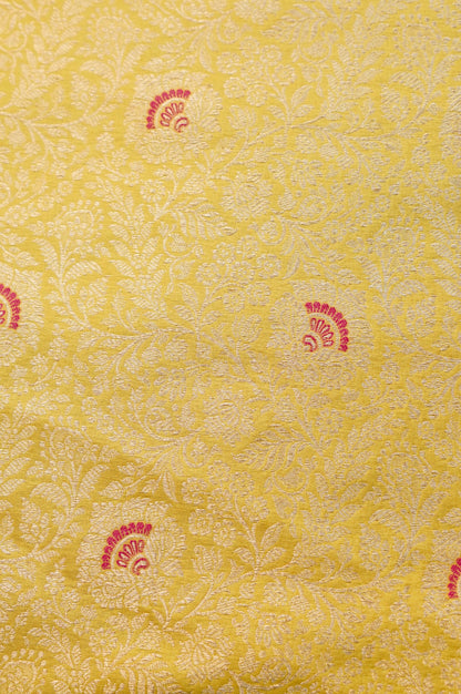 Pure Brocade Banarasi Fan Booti Fabric in Yellow - Khinkhwab