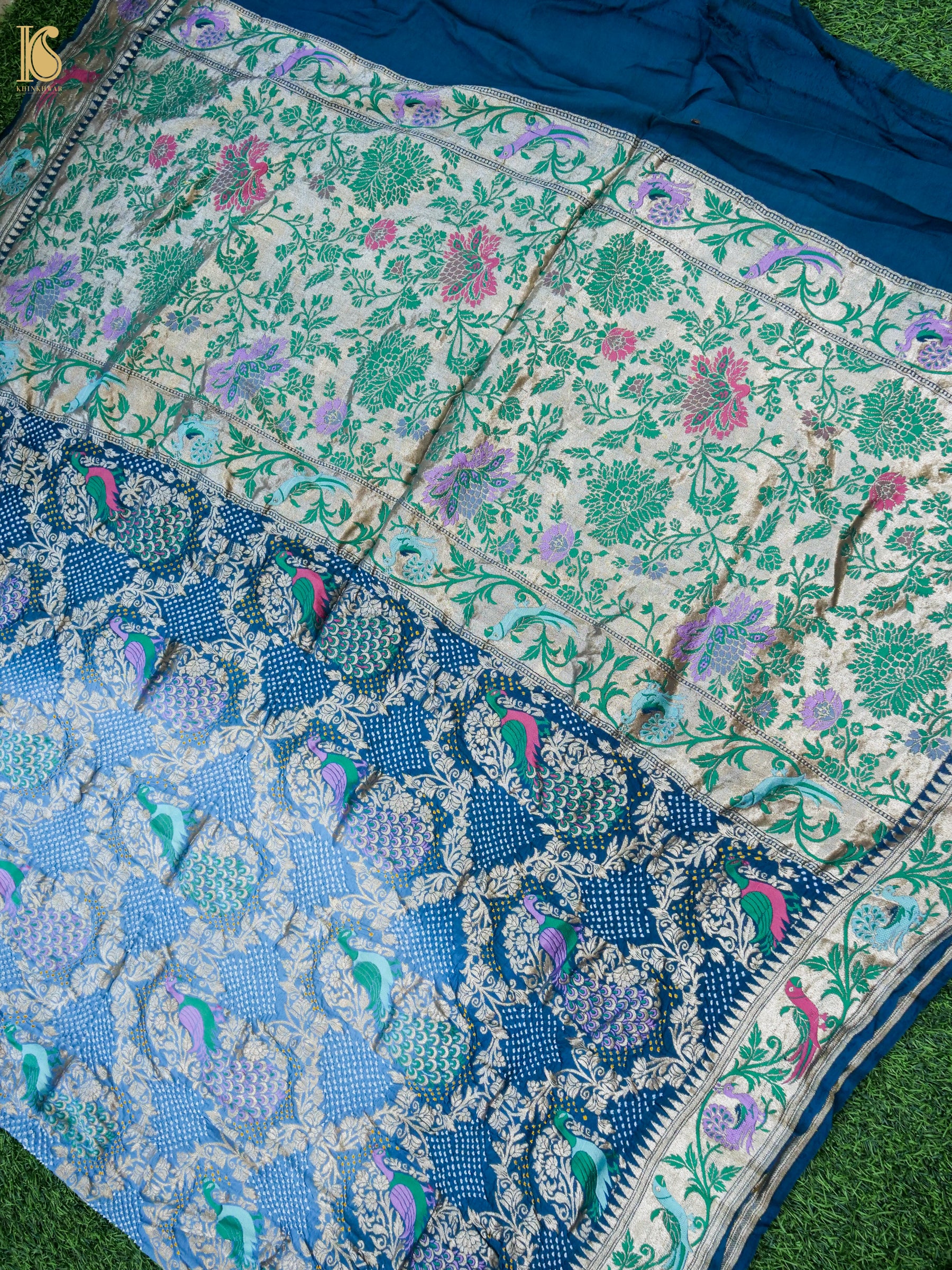 Georgette Banarasi Bandhani Meenakari Peacock Dupatta in Teal Blue