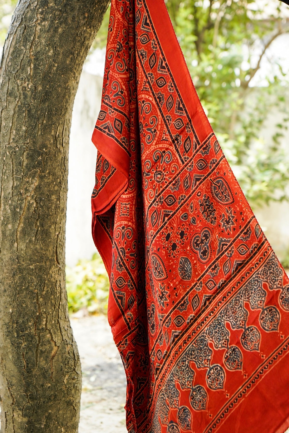 Ajrakh Hand Block Modal Silk Stole in Rust Red