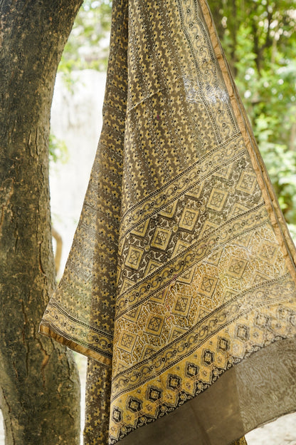 Handwoven Kota Silk Ajrakh Dupatta in Olive Grey and Mustard