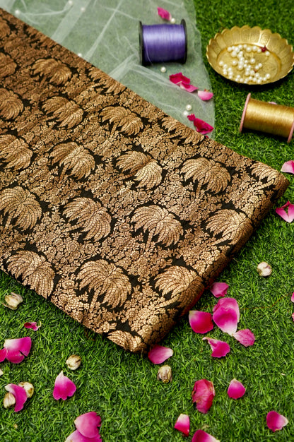 Pure Brocade Banarasi Leaf Fabric in Black - Khinkhwab
