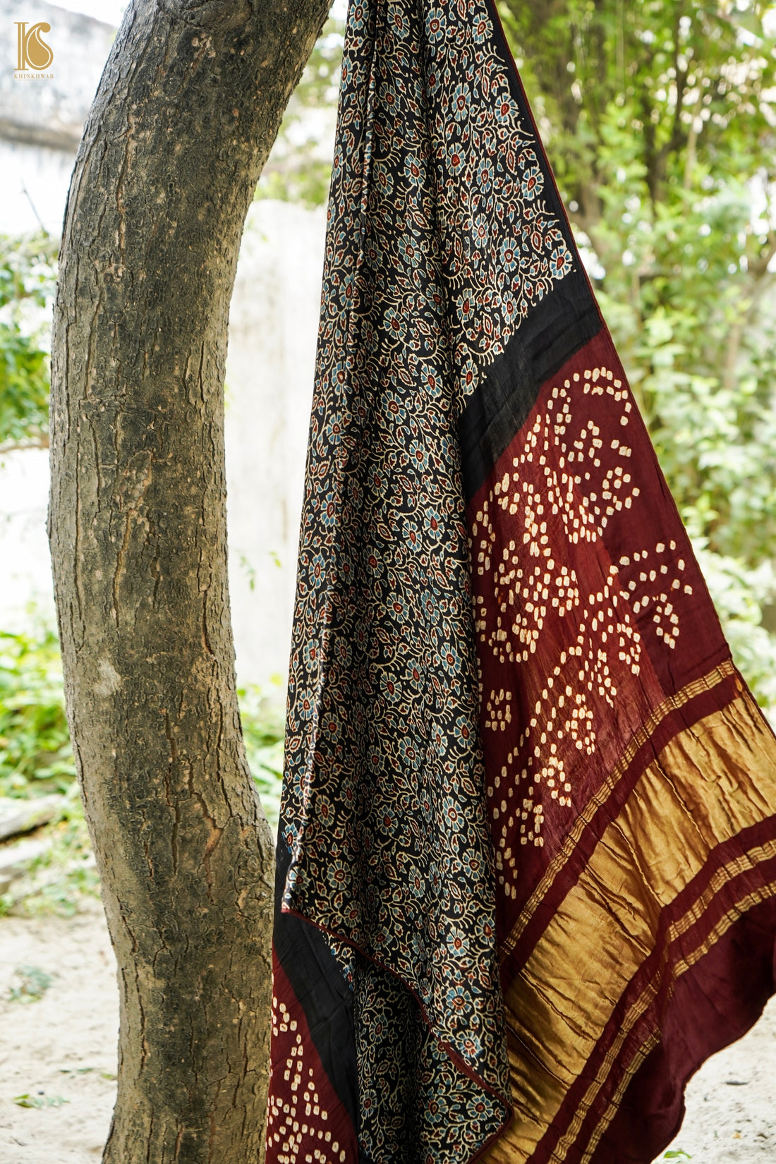 Hand Block Ajrakh Bandhani Modal Silk Dupatta with Zari in Black and Maroon