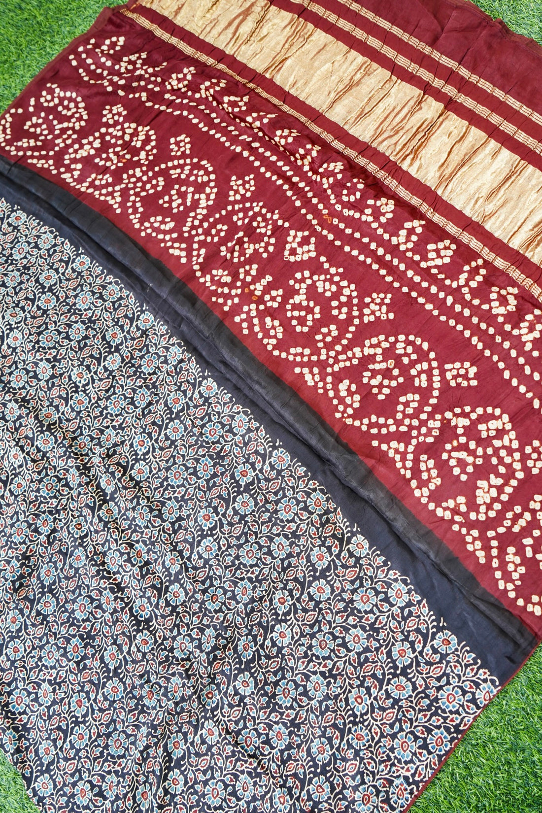 Hand Block Ajrakh Bandhani Modal Silk Dupatta with Zari in Black and Maroon