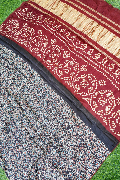 Hand Block Ajrakh Bandhani Modal Silk Dupatta with Zari in Black and Maroon
