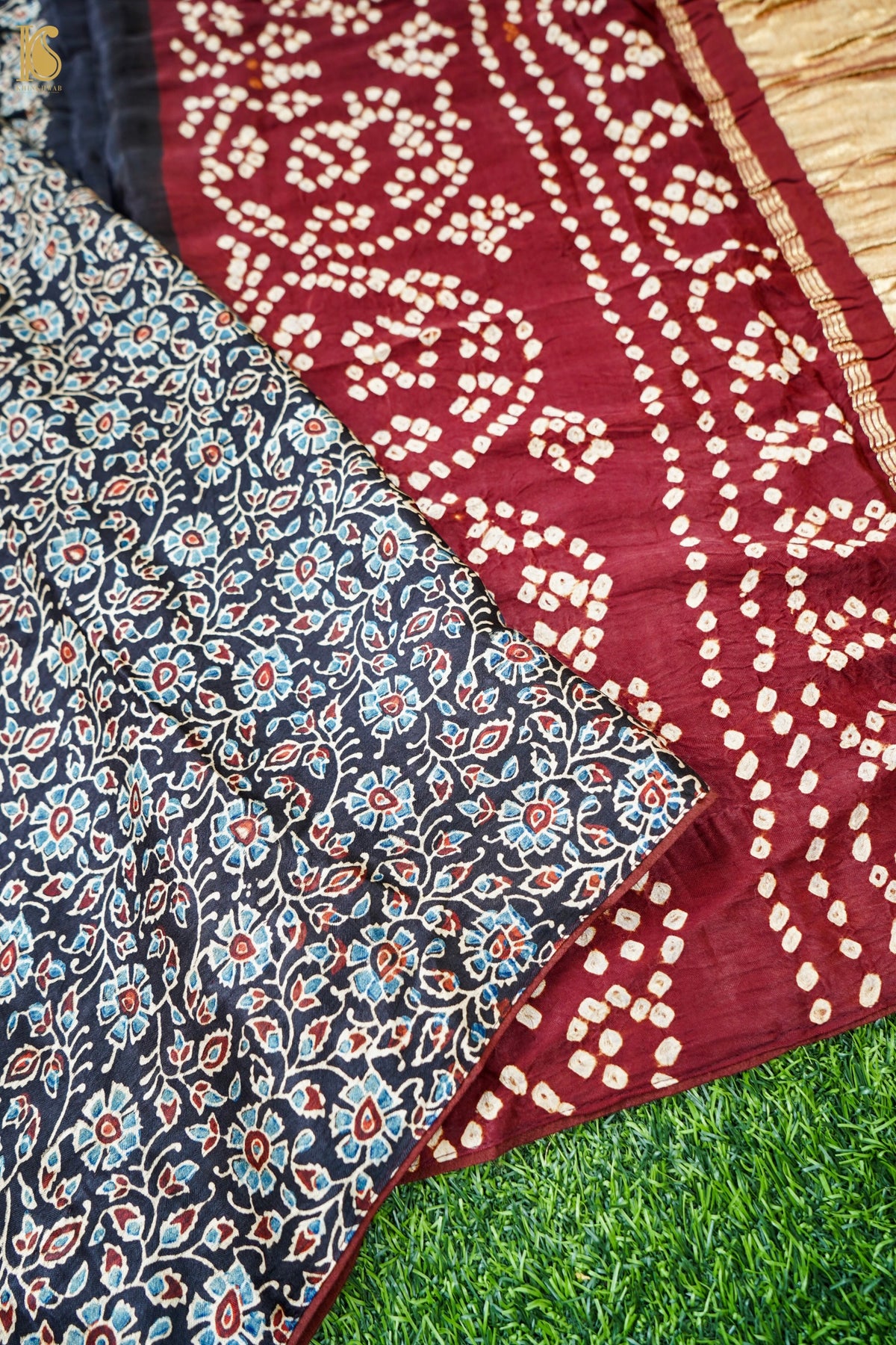 Hand Block Ajrakh Bandhani Modal Silk Dupatta with Zari in Black and Maroon